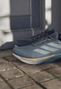 Chaussures de course Adidas gris et beige avec l'inscription "Dreamstroke+" sur le côté, posées sur des dalles en pierre en extérieur près d'un mur avec des ombres.