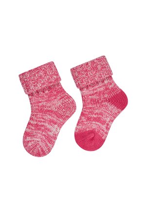 Pair of pink and white knitted baby socks with folded ribbed cuffs isolated on white background.