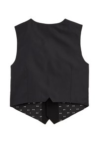 Černá vesta se strukturovaným designem, s nízkým zády a podšívkou vzoru motýlku. Vyrobena z hladkého materiálu s minimálními akcenty.