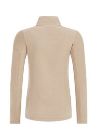 Beige langærmet fleecejakke med høj krave, vist fra ryggen på en hvid baggrund.