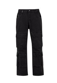 Pantaloni cargo negri din denim, cu multiple buzunare laterale, croi drept și închidere cu nasture la talie.