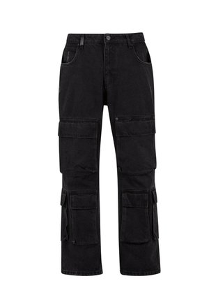 Svarte cargo-bukser laget av denim, med flere sidelommer, rett snitt og knappefeste i livet.
