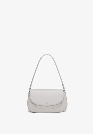 Light gray leather shoulder bag with curved flap and thin strap, minimal stitching, and small embossed logo on front center.