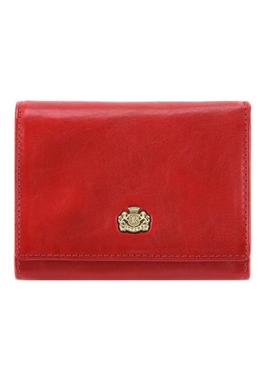 Red leather wallet with a smooth texture, rectangular shape, and a gold logo accent on the front. Features neat stitching details.