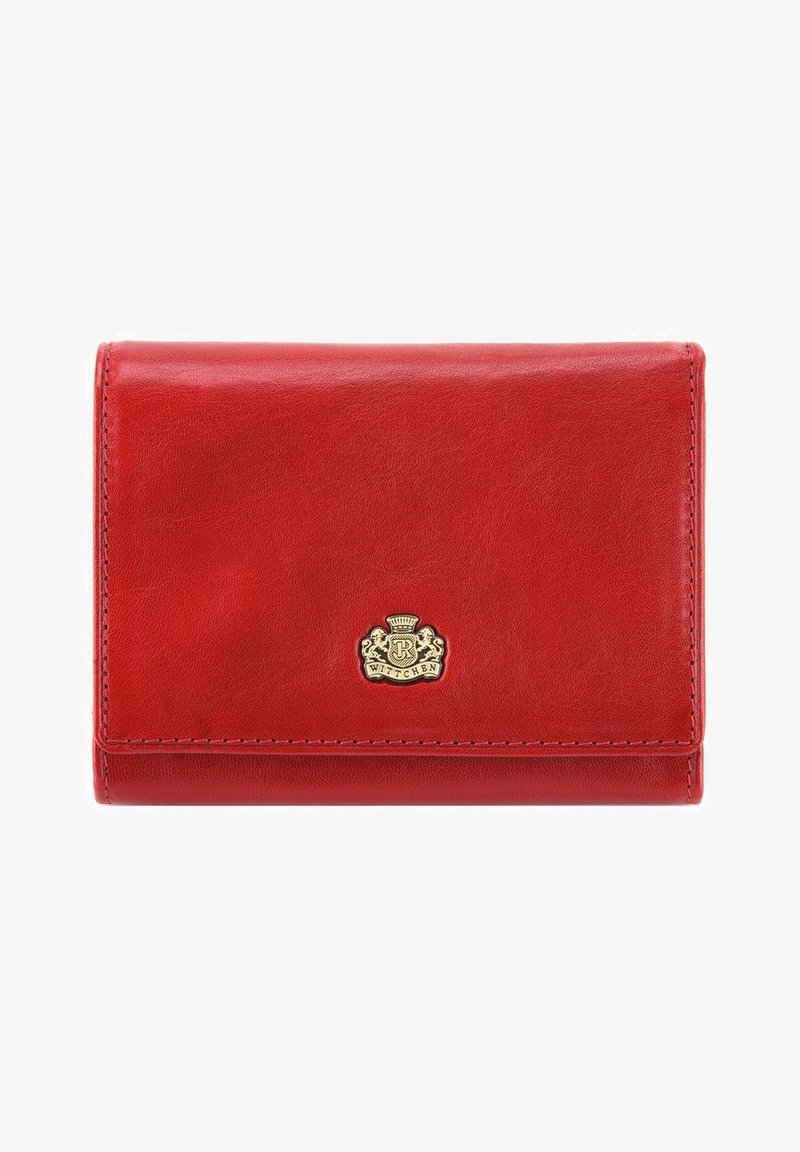 Rote Lederbörse mit glatter Textur, rechteckiger Form und einem goldenen Logo-Detail auf der Vorderseite. Verfügt über ordentliche Nähte.