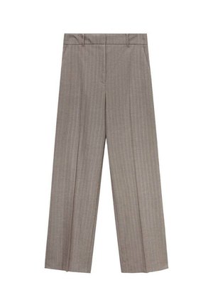 Hellbraune weit geschnittene Hose mit senkrechten Streifen, die eine glatte Textur und einen flachen Bund für eine figurbetonte Passform aufweist.