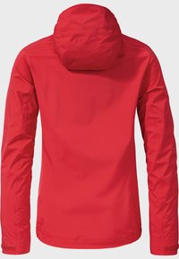 Red, lightweight jacket with a hood, featuring long sleeves and a smooth, textured surface. No visible zippers or hardware details.