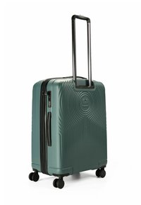 Hartschale-Koffer in dunklem Grün mit strukturiertem Wellenmuster, ausziehbarem Griff und vier schwarzen Spinner-Rollen für eine einfache Manövrierbarkeit.