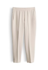 Hellbeige, maßgeschneiderte Hose mit flacher Vorderseite, Seitentaschen und schmal zulaufender Form. Glatter, weicher Stoff mit subtiler Textur.