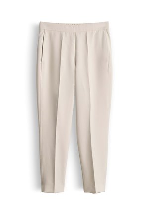 Lichtbeige, op maat gemaakte pantalon met een platte voorkant, zijzakken en een slanke taps toelopende pasvorm. Glad, zacht stof met een subtiele textuur.