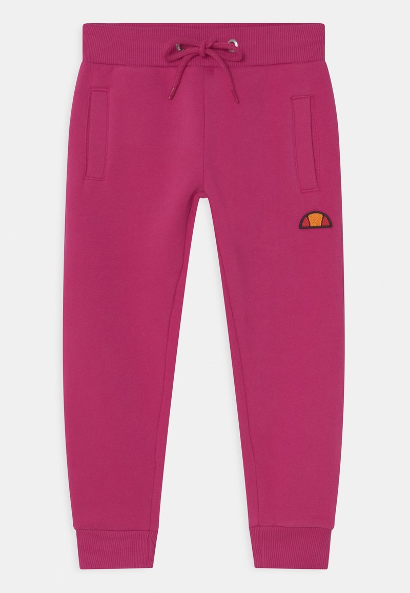 Fuchsia-pinke Jogginghose mit geripptem Bund, Kordelzug, Seitentaschen, gerippten Bündchen und einem kleinen orange-schwarzen Logo am linken Oberschenkel.