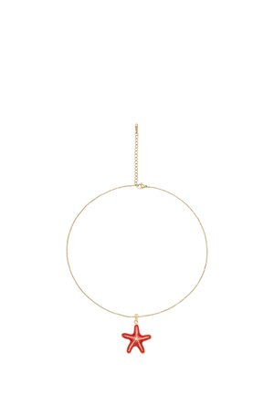 Gold chain necklace with a red starfish-shaped pendant hanging at the center, shown against a white background.