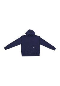 Hoodie bleu marine en tissu doux, doté d'une poche kangourou, de poignets côtelés et d'une capuche à cordon de serrage pour un ajustement réglable.