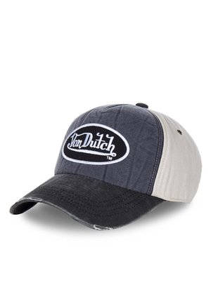 Baseball cap with a black visor, gray sides, and top featuring a textured pattern. Front displays a white embroidered logo inside an oval.