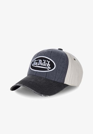 Casquette de baseball avec une visière noire, des côtés gris et un dessus présentant un motif texturé. L'avant affiche un logo brodé blanc à l'intérieur d'un ovale.