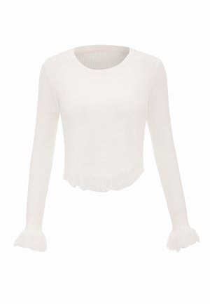Maglione corto a maniche lunghe bianco a coste con scollo rotondo e dettagli frangiati all'orlo e ai polsini.