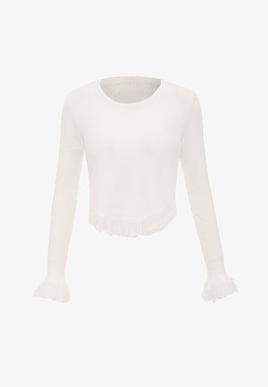 Maglione corto a maniche lunghe bianco a coste con scollo rotondo e dettagli frangiati all'orlo e ai polsini.