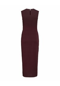 Robe longue bordeaux sans manches, coupe ajustée, avec une petite ouverture en forme de goutte d'eau dans le dos au niveau du col.