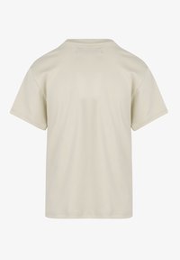 Beżowa koszulka z krótkim rękawem o okrągłym dekolcie, gładkiej fakturze i prostym designie. Brak widocznych wzorów lub grafik z tyłu.