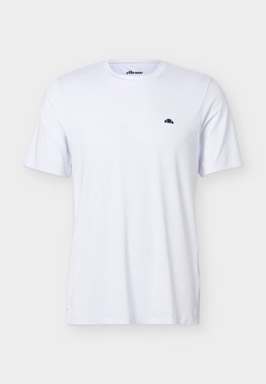 T-shirt bianca Ellesse a maniche corte con scollo rotondo e piccolo logo nero sul lato sinistro del petto, mostrata su uno sfondo chiaro e semplice.