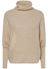 Beżowy sweter z dzianiny z wysokim golfem, raglanowymi rękawami i luźnym krojem. Charakteryzuje się prążkowaną fakturą oraz bocznymi rozcięciami dla ułatwienia ruchów.