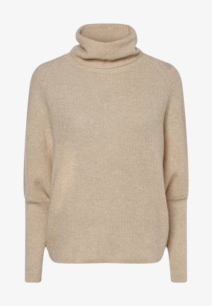 Beige knitted sweater with a high turtleneck, raglan sleeves, and a relaxed fit. Features ribbed texture and side slits for ease of movement.