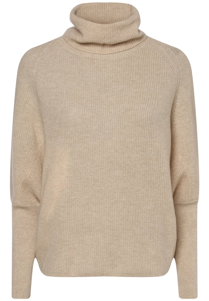 Beżowy sweter z dzianiny z wysokim golfem, raglanowymi rękawami i luźnym krojem. Charakteryzuje się prążkowaną fakturą oraz bocznymi rozcięciami dla ułatwienia ruchów.