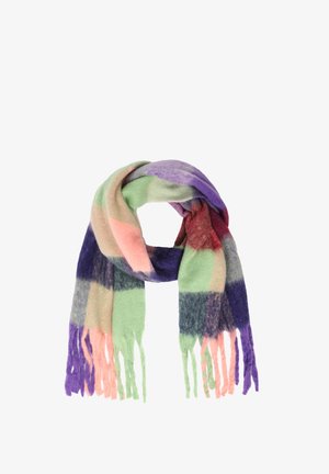 Șal multicolor cu blocuri de violet, verde, roz și roșu, realizat dintr-un material moale, cu detalii franjurate la capete.