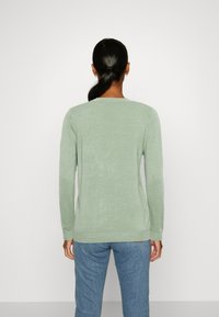 Maglione verde chiaro a maniche lunghe con collo a girocollo e una texture morbida. Caratterizzato da un design aderente e orlo a coste, abbinato a jeans blu.
