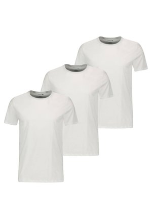 Tres camisetas de manga corta blancas de algodón. Cada una tiene un cuello redondo y una textura suave, con un detalle gris en el cuello.