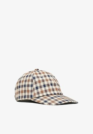 Cappellino da baseball con visiera curva caratterizzato da un motivo a quadri beige, marrone e blu navy sul tessuto.