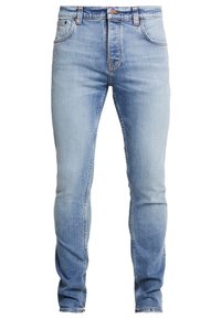 Ljust blå denimjeans med slim fit, med en blekt tvätt, klassisk femficksdesign och metallknappstängning i midjan.