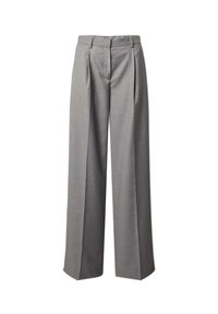 Pantalon gris à jambes larges, coupe tailleur, avec plis devant, passants pour ceinture et fermeture éclair sur le devant.
