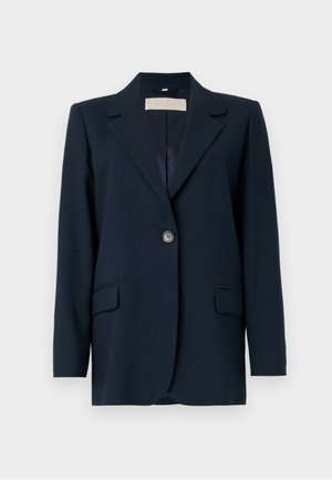 Navy blue blazer with a single button closure, sharp lapels, two front pockets, and a slightly structured fit. Smooth fabric texture.