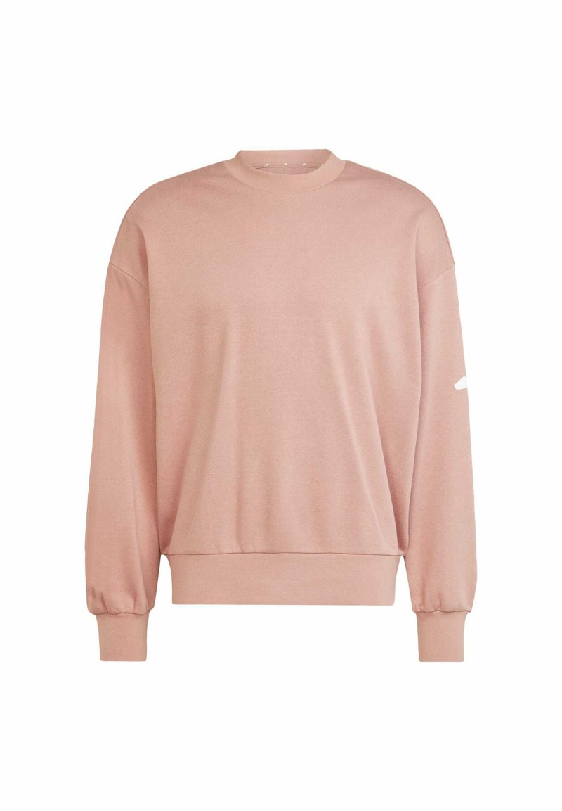 Sudadera rosa con cuello redondo, mangas largas y puños de canalé. Presenta un logo blanco en la manga izquierda. Fabricada con una tela suave y lisa.
