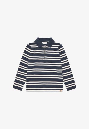 Marineblauw-wit gestreept poloshirt met lange mouwen, voorzien van een ritskraag, gemaakt van zacht katoen met een gestructureerde afwerking en merklabel.
