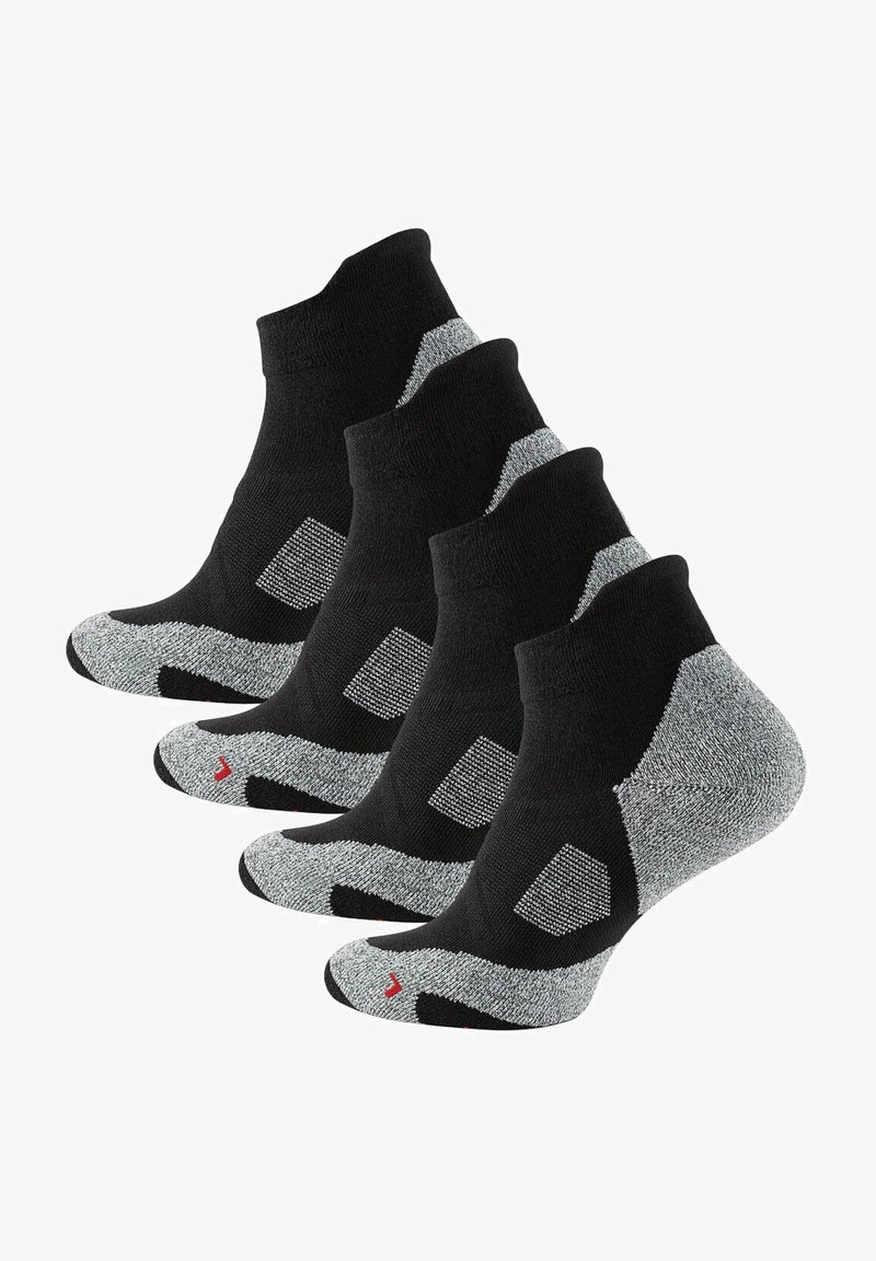 Chaussettes noires à la cheville avec des accents gris, fabriquées dans un matériau texturé, présentent des zones de talon et de orteil renforcées, disposées en arrangement empilé.