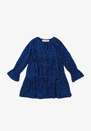 Robe bleue à manches longues avec imprimé léopard noir, boutonnée sur le devant, taille froncée et poignets évasés.