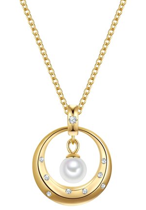 Gold necklace with a circular pendant featuring a central pearl and sparkling diamonds along the outer edge. Chain is textured.
