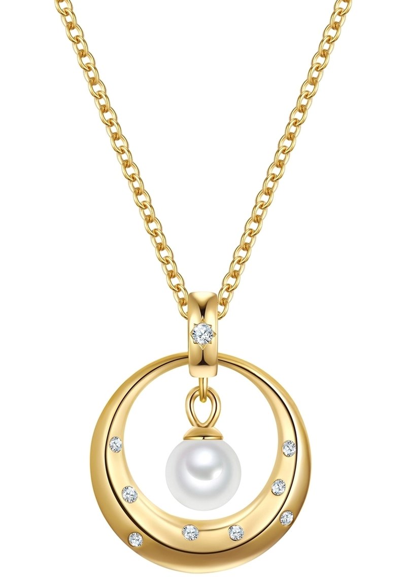 Kuldne kaelakee, millel on ümmargune ripats, kus keskel on pärl ja säravad teemandid ümber serva. Ahel on tekstureeritud.