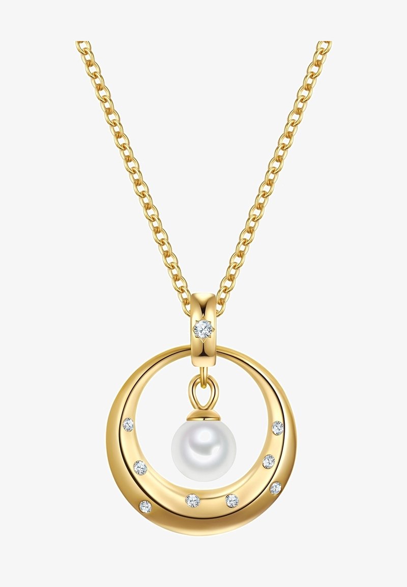 Kuldne kaelakee, millel on ümmargune ripats, kus keskel on pärl ja säravad teemandid ümber serva. Ahel on tekstureeritud.