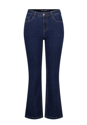 Donkerblauwe flared jeans met een middelhoge taille, gemaakt van denim, met vijf zakken en contrasterende stiksels langs de naden.