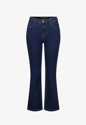 Donkerblauwe flared jeans met een middelhoge taille, gemaakt van denim, met vijf zakken en contrasterende stiksels langs de naden.