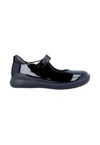 Zapato Mary Jane de charol negro con punta redonda, correa ajustable de Velcro y suela flexible de goma negra. Superficie suave y brillante.