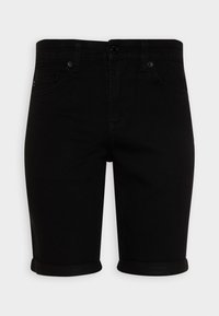 Sorte denimshorts med oppbrettede ermer, med knapp og glidelås lukking, beltehemper og front- og baklommer.