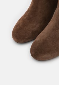 Bottines en daim marron avec une texture lisse, des pointes effilées et un design simple, mettant en valeur une silhouette épurée et minimale.