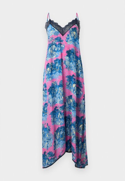 Ροζ και μπλε φόρεμα με floral σχέδιο, μαύρη δαντέλα στον V-λαιμό και λεπτές τιράντες, ρέον ασύμμετρο τελείωμα.