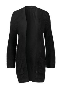 Weit geschnittene schwarze Strickjacke mit langen Ärmeln, offenem Vorderteil, strukturiertem Stoff und zwei aufgesetzten Taschen vorne.