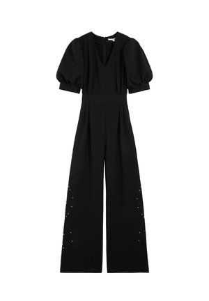 Mono negro con mangas cortas abullonadas, escote en V, cintura ajustada, pantalones anchos y sutiles patrones de recorte cerca del dobladillo.