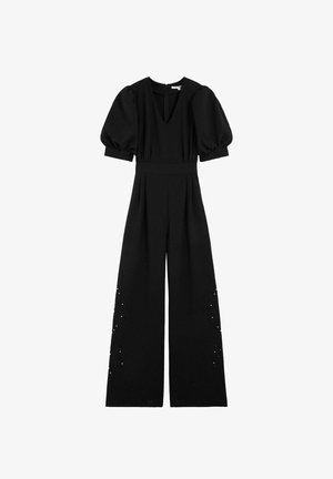 Mono negro con mangas cortas abullonadas, escote en V, cintura ajustada, pantalones anchos y sutiles patrones de recorte cerca del dobladillo.